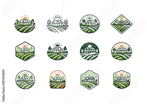 Farm Greenhouse Logos. A small farm with a hand-built greenhouse for growing vegetables. Icon set. Set Logo of A small farm with a hand-built greenhouse for