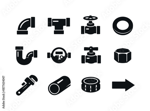 Plumbing Icons Grid. Plumbing components. Solid icon set of Plumbing components: pipe elbow, T-joint, valve handle, rubber gasket, P-trap pipe, water meter,