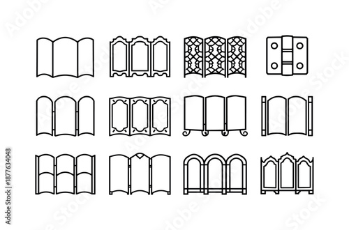 Folding Screen Icons. Folding screen. Line icon set of folding screen: decorative silhouette screen, ornate border shapes, cutout pattern, framed arch top,
