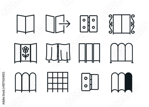 Folding Screen Icons. Folding screen. Line icon set of folding screen: privacy screen, panel fold arrow, center hinge, decorative border, floral pattern panel,