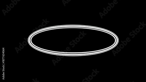 White glowing oval ring illustration on black background. Simple abstract light graphic element, digital design, ethereal halo concept.