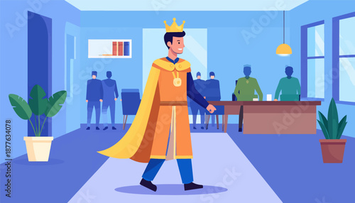 A regal figure in a crown and cape walks through a room with onlookers