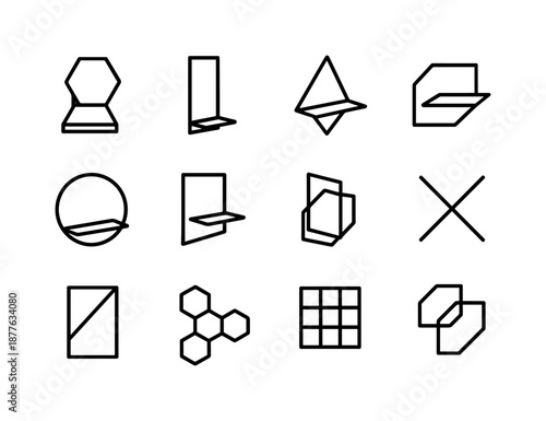 Geometric Wall Icon Set. Wall-mounted geometry. Line icon set of Wall-mounted geometry: hex wall unit, vertical rectangle shelf, triangle wall mount, floating
