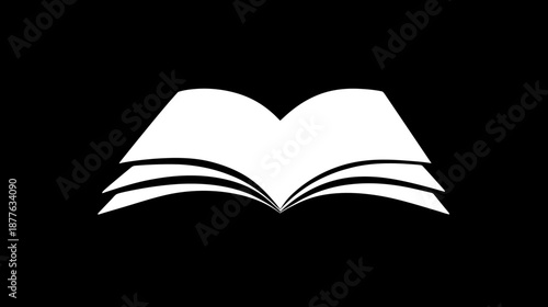 Minimalist White Open Book Icon on Black Background. Symbol of Education, Learning, Knowledge, Reading, and Literature.