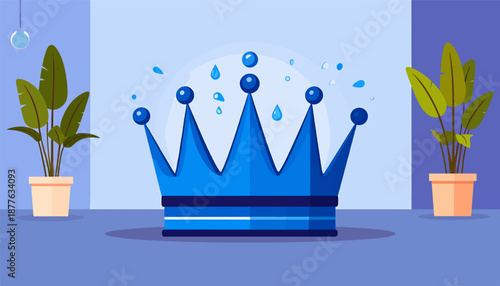 A regal blue crown with water droplets above, flanked by two potted plants