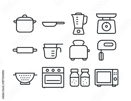 Kitchen Icon Set. Kitchen essentials. Line icon set of Kitchen essentials: stovetop pot, frying pan, blender, kitchen scale, rolling pin, measuring cups,