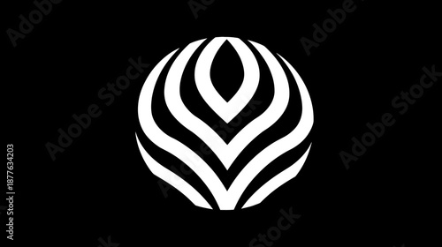 Modern abstract white striped symmetrical oval shape on a dark black background. Clean graphic design element with curved lines.