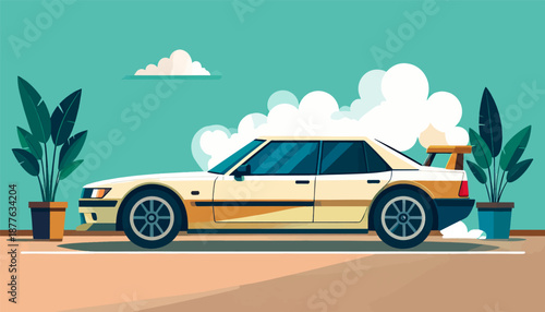 A retro sedan with a spoiler sits beside potted plants under a cloudy sky