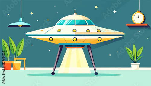 A retro-style flying saucer beams light down in a room with houseplants, a clock, and a lamp