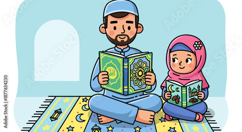 Cute cartoon of Muslim Father and Daughter Reading the Quran. Islamic Family Education and Spirituality illustration for Ramadan.