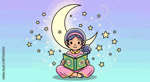 Cartoon Muslim Girl Reading Holy Quran Under Crescent Moon and Stars. Cute Vector Illustration for Ramadan, Eid, and Islamic Education.