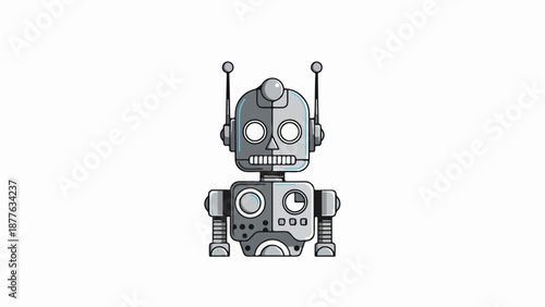 A retro-style robot with antennae, round eyes, and a segmented body in metallic gray tones