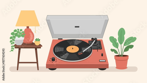 A retro turntable with a vinyl record sits near potted plants and a lamp