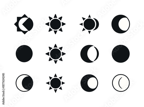 Celestial Icon Set. Celestial bodies. Icon set. Set Logo of celestial bodies: eclipse icon. harmonious logo variations of the same emblematic concept, each