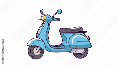 A retro-styled light blue motor scooter with a dark gray seat and a yellow headlight