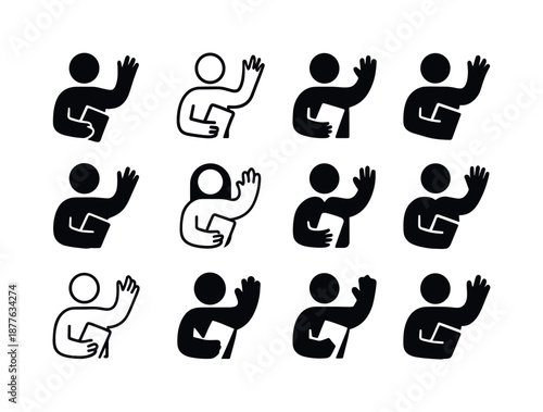 School Goodbye Icons. Waving goodbye on the last day of school. Icon set. Set Logo of waving goodbye on the last day of school: waving silhouette