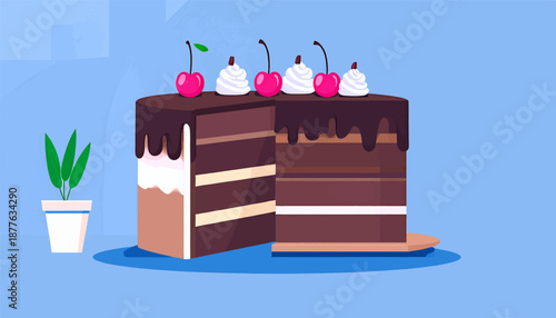 A rich chocolate cake, layered and frosted, adorned with cherries and cream