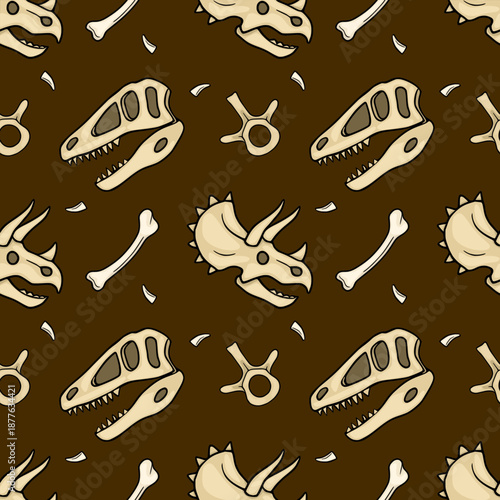Seamless vector pattern of dinosaur skulls and bones on brown background