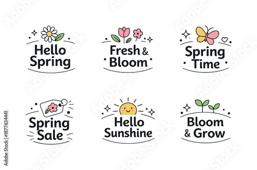 Spring Editorial Badges. Editorial spring badge set. Clean minimal badges with gentle spring symbols and abstract decorative dots, suitable for labels,