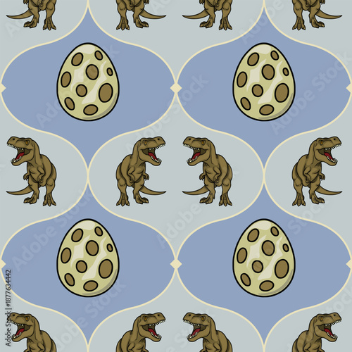 Seamless vector pattern of dinosaurs and spotted eggs on a pastel background