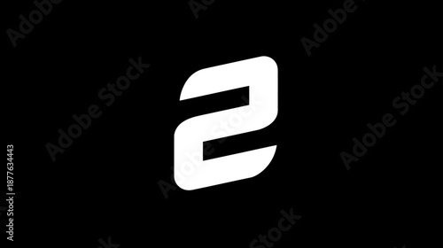 Modern white stylized number two graphic isolated on a deep black background, contemporary digit design element.