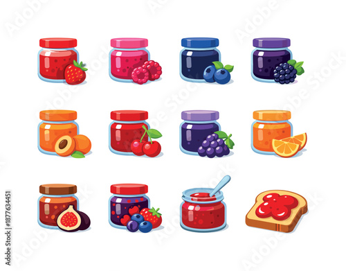 Colorful Jam Icons. Jam. Colorful flat vector icons set of jam: strawberry jam jar, raspberry jam jar, blueberry jam jar, blackberry jam jar, apricot jam jar,