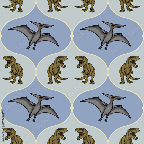 Seamless vector pattern of cartoon dinosaurs, T-Rex and Pterodactyl, in playful poses against a geometric background.
