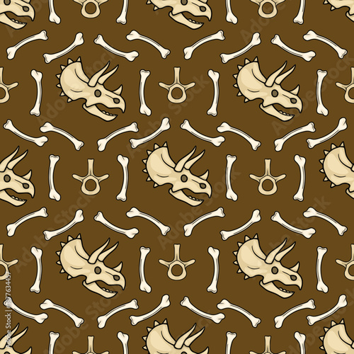 Seamless vector pattern of cartoon dinosaur skulls and bones on a brown background