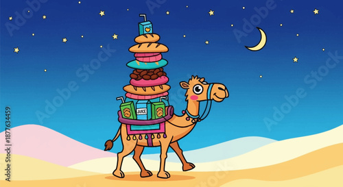 Cute Cartoon Camel Carrying Massive Food Stack and Juice Boxes Across Desert Dunes at Night - Whimsical Delivery Illustration