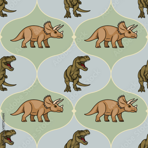 Seamless vector pattern of cute dinosaurs, T-Rex and Triceratops, in a playful, retro style on a pastel background.