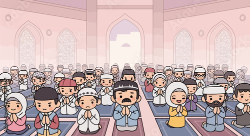 Cute Cartoon Muslim Congregation Praying in Mosque. Islamic Community Worship Illustration for Ramadan, Eid al-Fitr, or Jumu'ah (Friday Prayer).