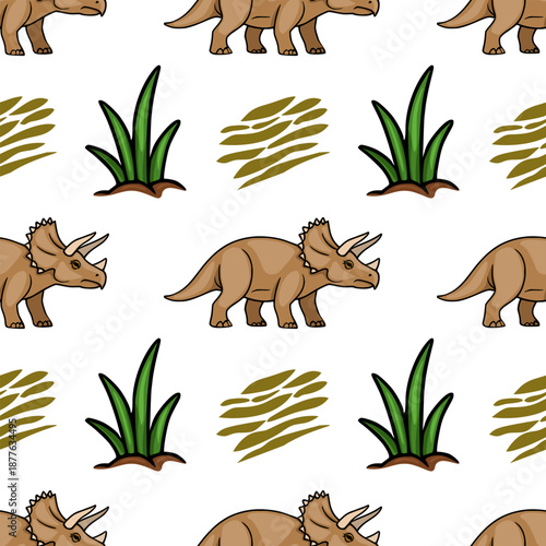 Adorable Triceratops Dinosaur Vector Pattern with Lush Greenery