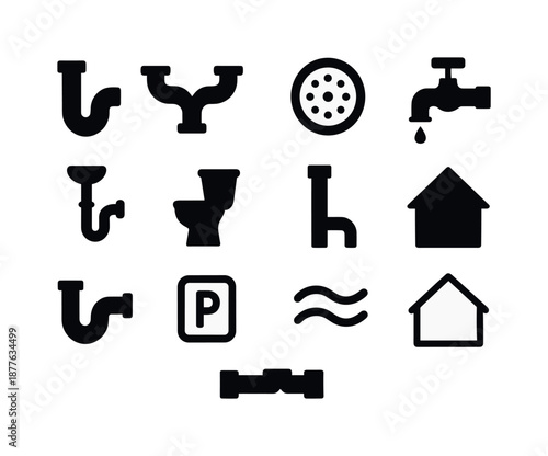 Plumbing Icon Set. Residential plumbing. Solid icon set of residential plumbing: bathroom pipe, kitchen pipe, shower drain, water inlet, sink connection,