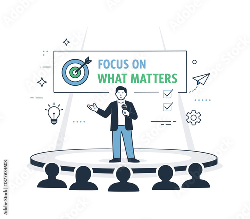 Engaging Conference Presentation. Conference talk. Speaker on a stage with spotlight and abstract audience shapes, delivering a clear message. Calm authority