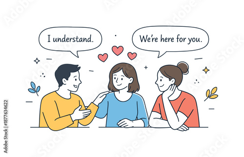 Empathy in Workplace. Supportive work culture. Colleagues having an open conversation with speech bubbles and heart icons, showing empathy and psychological