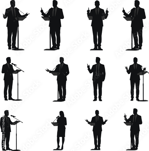 Black Silhouettes of Business Speakers at Podiums Giving Presentations with Microphones in Professional Public Speaking and Conference Settings
