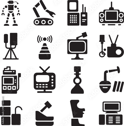 black and white icons of various technology and industrial objects