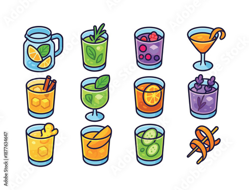 Colorful Mixology Icons. Mixology creations. Colorful isometric vector icons set of mixology creations: infused water jar, herb cocktail, berry infusion,