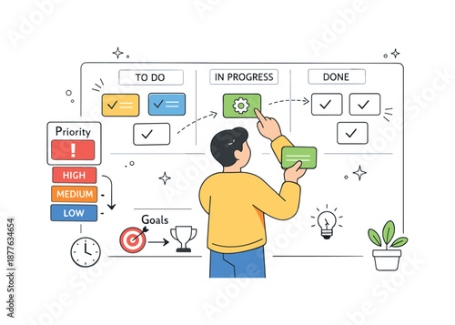 Task Management Illustration. Productivity planning. A person arranging task cards and priorities on a board. Clear structure and motivation, simple arrows and