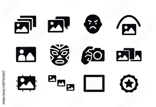 Photo Story Icons. Photographic storytelling. Solid icon set of photographic storytelling: image sequence, caption bubble, emotion icon, story arc, subject