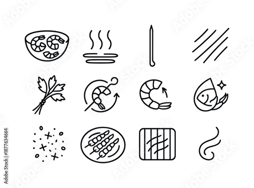 Shrimp Skewer Icons. Shrimp skewers. Line icon set of shrimp skewers: shrimp marinating bowl, grill heat waves, bamboo pick, citrus zest lines, herb bundle,