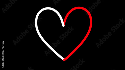 Hand-drawn heart outline, half white and half red, on a black background. Minimalist graphic symbolizing love, connection, and emotion.