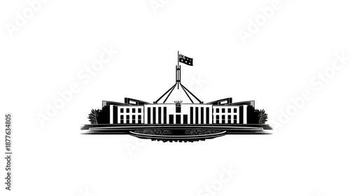 A black and white illustration of a governmental building with a flag on top
