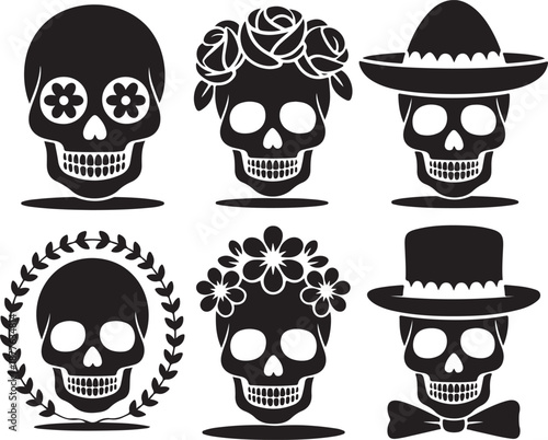 Sugar Skull Silhouette Bundle | Day of the Dead Skull Vector Set