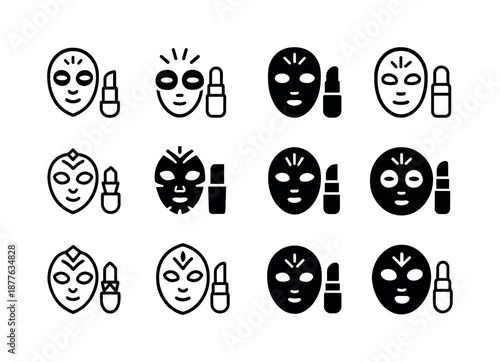 Face Mask Icons. Face mask and lip balm set. Icon set. Set Logo of face mask and lip balm set: glow radiance motif. harmonious logo variations of the same
