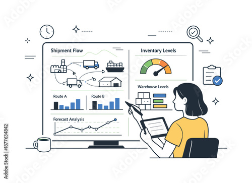 Supply Chain Insights. Supply chain analytics interface. Person analyzing shipment flows and inventory levels on a modern dashboard. Mood of clarity,