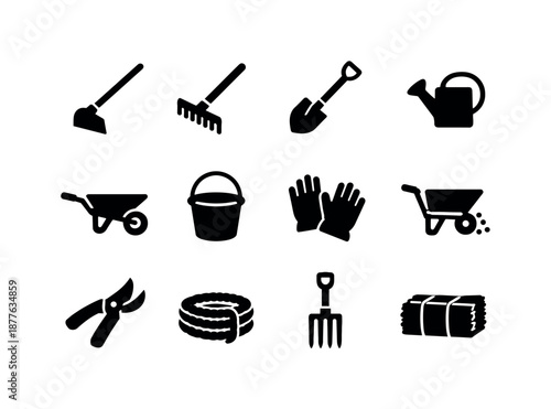 Farm Chores Icons. Farm chores. Solid icon set of farm chores: hoe, rake, shovel, watering can, wheelbarrow, bucket, gloves, seed spreader, pruning shears,