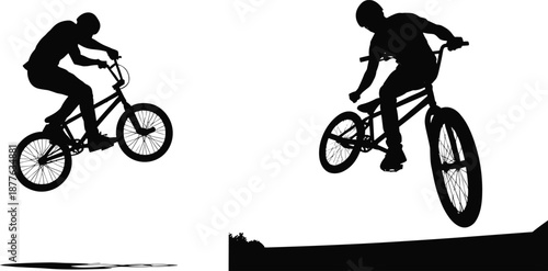 BMX riders performing freestyle tricks jumping in air silhouette vector illustration for extreme sport, urban cycling, competition action, adrenaline lifestyle design