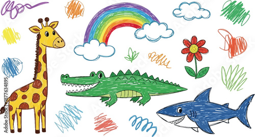 Collection of colorful, vibrant, hand drawn crayon style illustrations featuring a happy giraffe, smiling crocodile, and blue shark against a textured white background