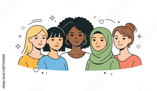 Diverse Women Portrait. Diverse Women Portrait. A calm portrait-style illustration of several women with different hairstyles and facial features, standing